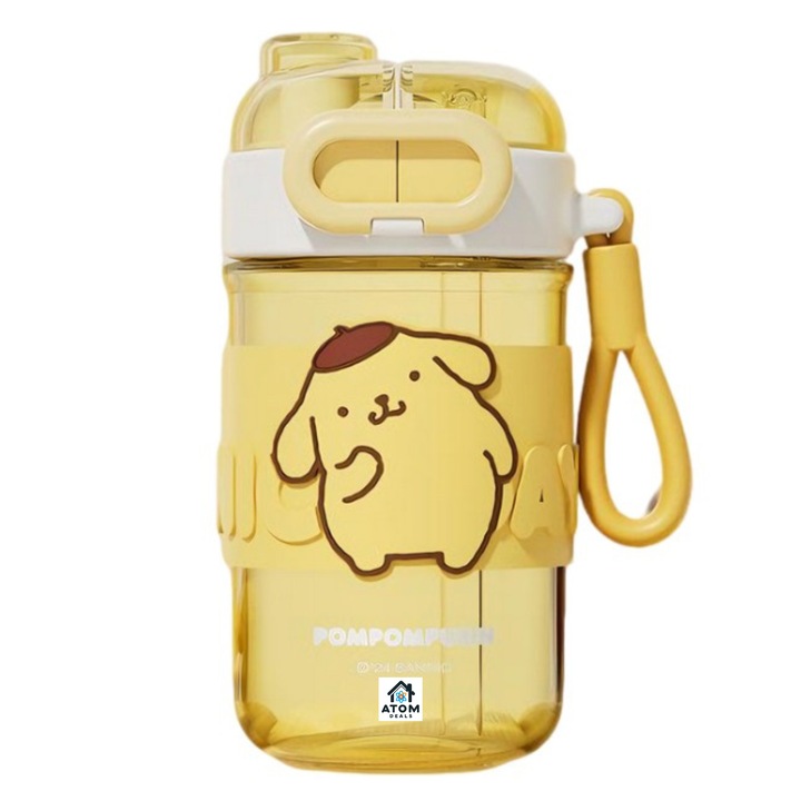 Детска бутилка за вода ATOM DEALS, Дизайн Pompompurin, 510 мл, Двойна система за пиене, Силиконова сламка и широко гърло, Плътно затваряне на 360°, Тритан, BPA-Free, Дръжка за носене, Жълт