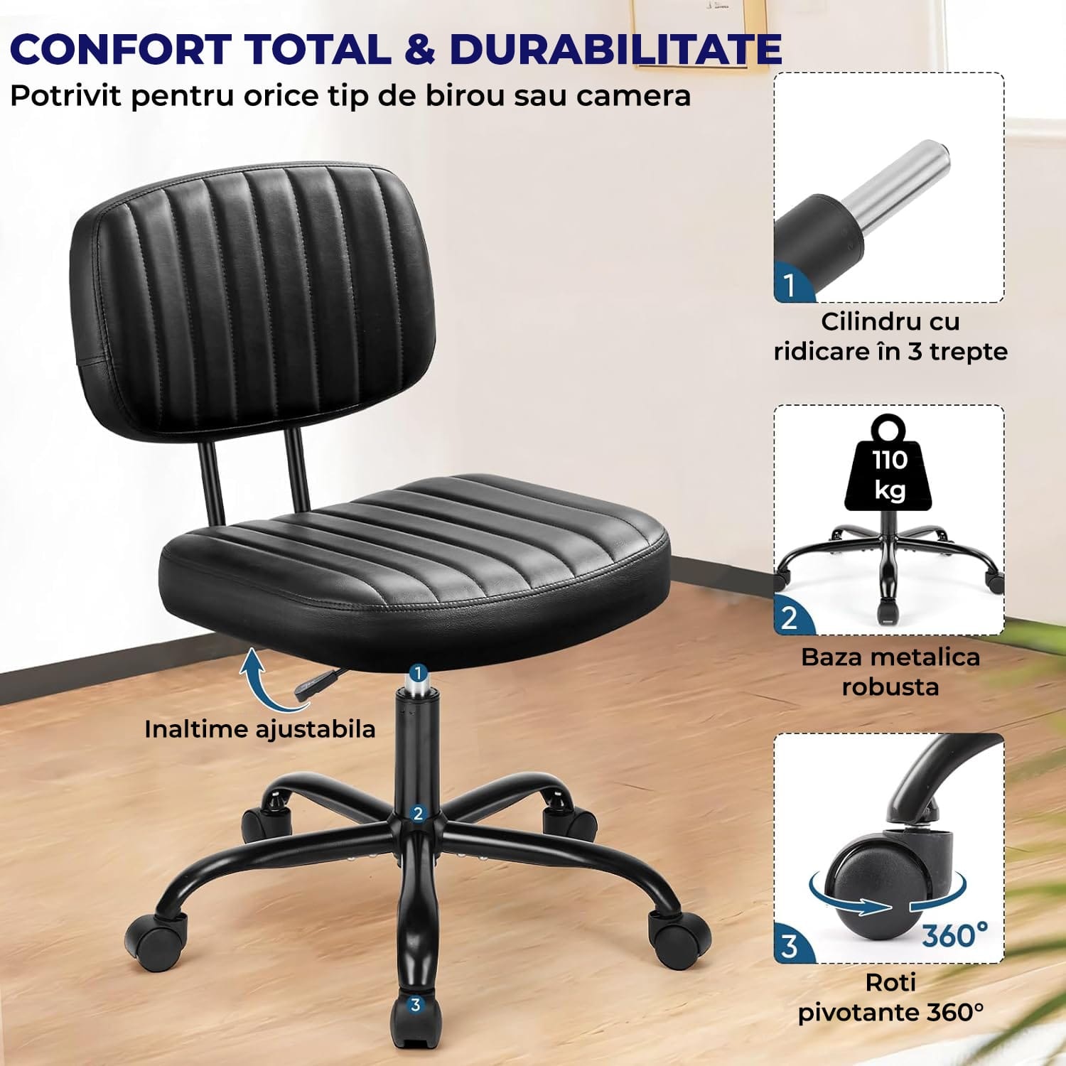 Scaun Birou Fara Roti Scaun Birou Ergonomic Elindor® Rotativ, Fara Manere, cu Spatar Design ...