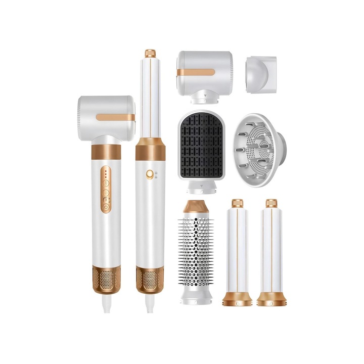 Perie Electrica Multifuntionala Pentru Par Set Coafare ASON™️ 7in1 1400W, 3 Setari temperatura, 7 Accesorii Incluse, Uscare, Indreptare, Ondulare, Manusi Incluse