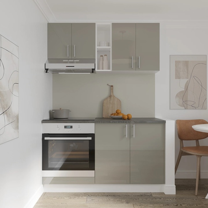 Set Bucatarie haaus Karo V4, Gri Lucios/Alb, MDF, Blat Thermo 28 mm, L 140 cm