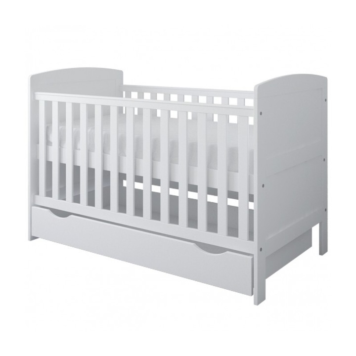 Patut din lemn Nichiduta Philip Alb 140x70cm cu Laterala detasabila, Sertar cu roti, Margine din silicon pentru protectie dintisori, Vopsele si materiale sigure,3 Nivele reglare somiera, Margini rotunjite, Sistem 2 bare detasabil