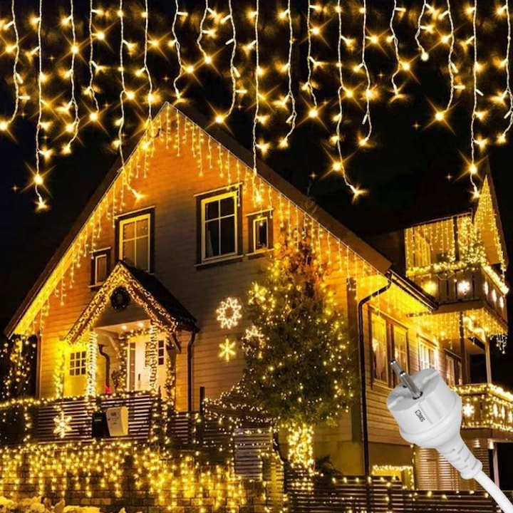 Instalatie Craciun Tip Turturi SIKS, 50 Metri, 1000 Led-uri, Pentru Casa / Gradina / Gard, Cu 1 Joc De Lumini, Franjuri Curgatoare, Exterior/Interior, Fir Alb, Interconectabila, Rezistenta La Apa, Alb Cald