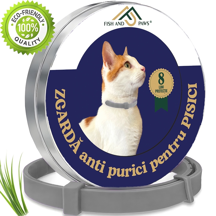 Zgarda Fish & Paws ® anti purici pentru pisici, reglabila si respirabila, compozitie naturala cu esenta de citronella, ofera siguranta si protectie timp de 8 luni, durabila si rezistenta la apa, 1 Bucata, Culoare Gri, Marime Universala, Lungime 38cm