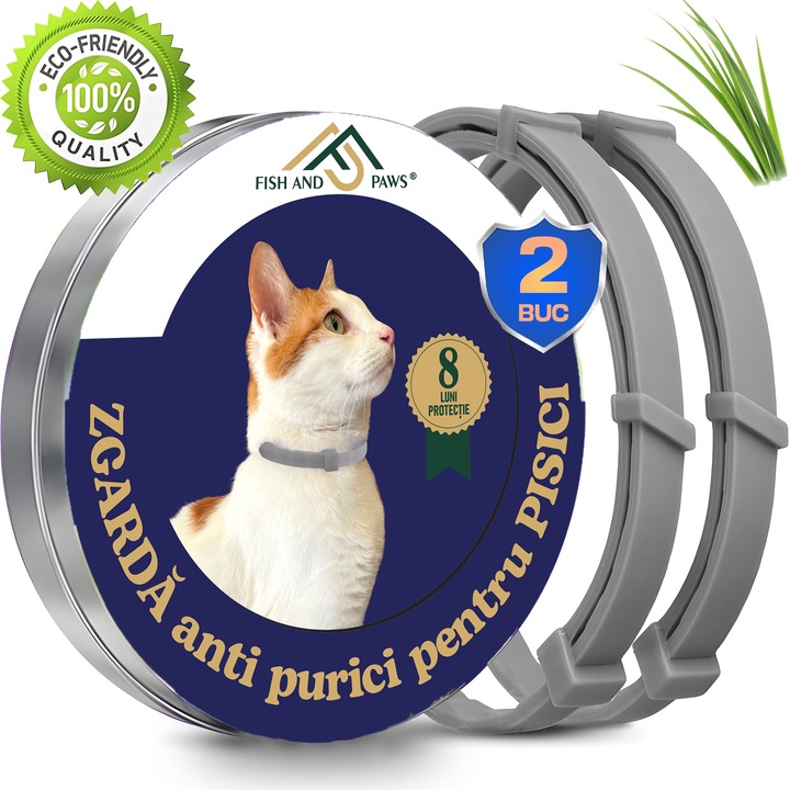 Zgarda Fish & Paws ®, anti purici pentru pisici, reglabila si respirabila, compozitie naturala cu esenta de citronella, ofera siguranta si protectie timp de 8 luni, durabila si rezistenta la apa, 2 Bucati, Culoare Gri, Marime Universala, Lungime 38cm