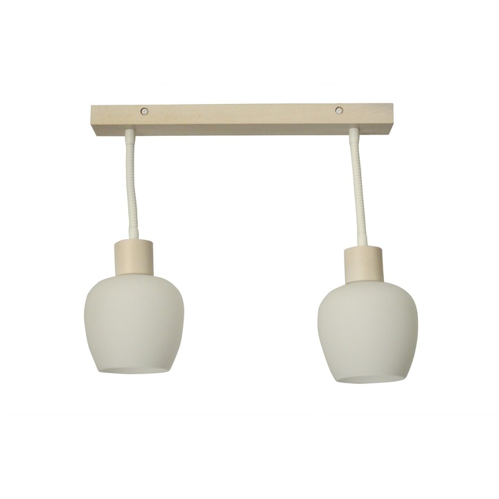 Плафон 2x60W бяло дърво, метални елементи за определяне посоката на светлината, стъклени абажури