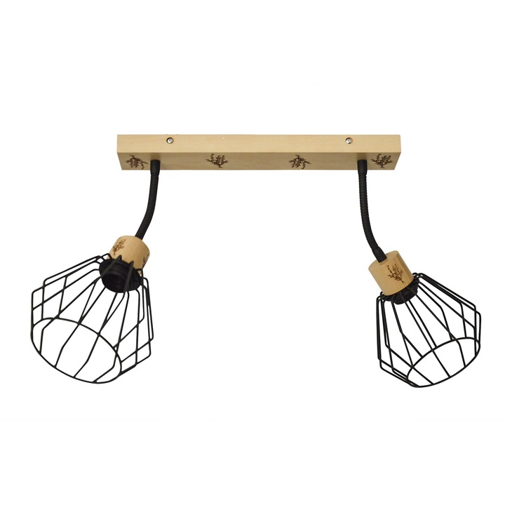 Plafon lampa cu banda de lumina 2x60W culoare lemn deschis, nuante de sarma, elemente metalice pentru stabilirea directiei luminii, decoratiuni decorative lavanda