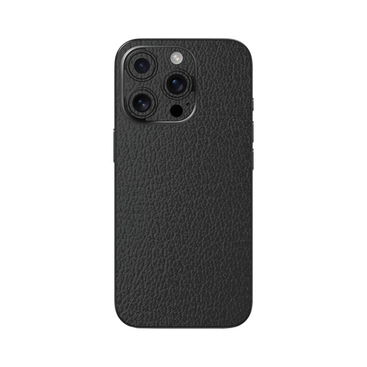 Folie iSkinz pentru Apple iPhone 16 Pro Max - Piele Neagra, Split Cut, Skin Adeziv Full Cover, Protectie Carcasa Spate si Laterale