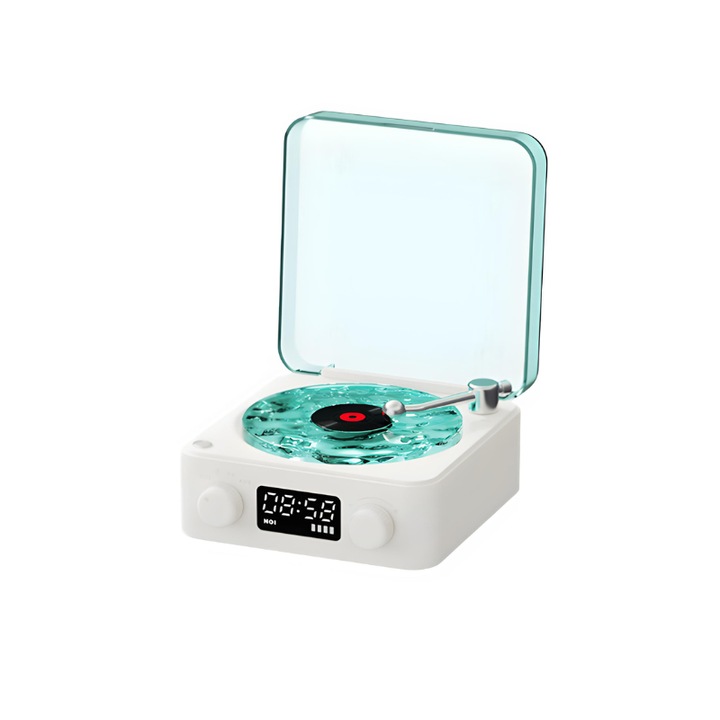 Retro intelligens hangszóró Vintage vinil hangszedő, Bluetooth 5.0, HD fehér hangok a pihenéshez, RGB környezeti fény, érintésvezérlés és elalváskapcsoló, hálószobába és irodába, fehér