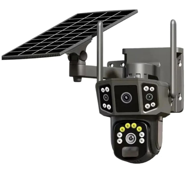 Camera de supraveghere CLAUSTEEL 2IN1 M144 cu Vedere Tripla, Cartela SIM 4G, Panou Solar Monocristalin, acumulatori 9800mAh, 6K, 6 Megapixeli, Night Vision Color, Portabila, Rotire Automata, Intelligent Tracking, Micro SD, Negru