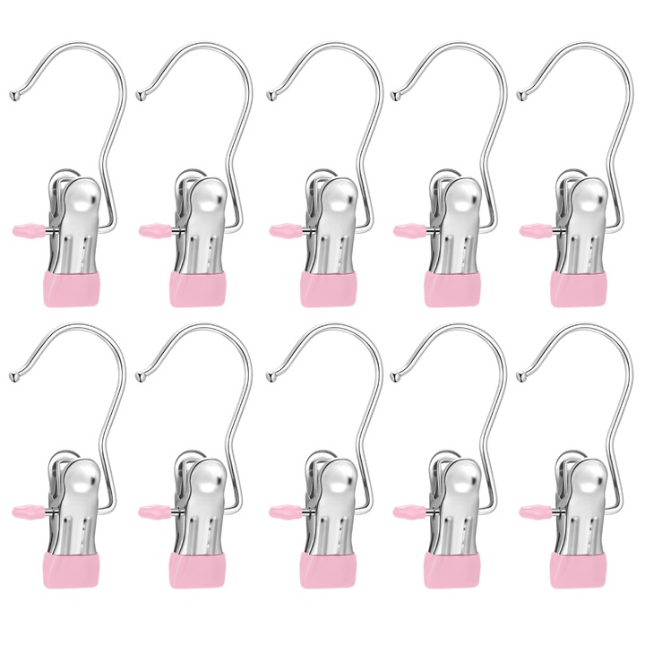 Комплект 10 щипки за дрехи, многофункционална закачалка тип преносими закачалки, неплъзгащи се, розови