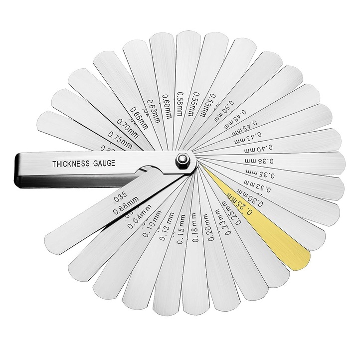 Vastagságmérő, Axroad Mall, kettős metrikus és nemzetközi szabvány, 32 penge, 0,04-0,88 mm, 0,0015-0,035 hüvelyk, tiszta és könnyen leolvasható, tartós, sokoldalú, ideális résszélesség és vastagság mérésére, ezüst, rozsdamentes acél