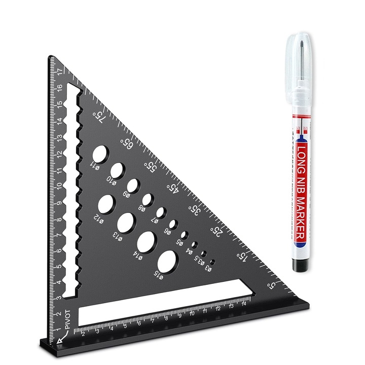 Sokoldalú háromszög vonalzó, Axroad Mall, Jelölőkkel, Többfunkciós, Kifinomult mérő- és rajzeszközök, Tartós, hordozható, Széles körben használható, Megfelel a szakemberek sokrétű igényeinek, Fekete, Alumínium