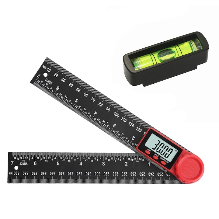 2 az 1-ben digitális szögmérő, Axroad Mall, 360°-os elforgatás, mini szinttel, precíz mérés, LCD kijelző, nulla és zár funkcióval, hordozható, alkalmas famegmunkáláshoz, építkezéshez stb., műanyag, 200 mm, fekete/piros