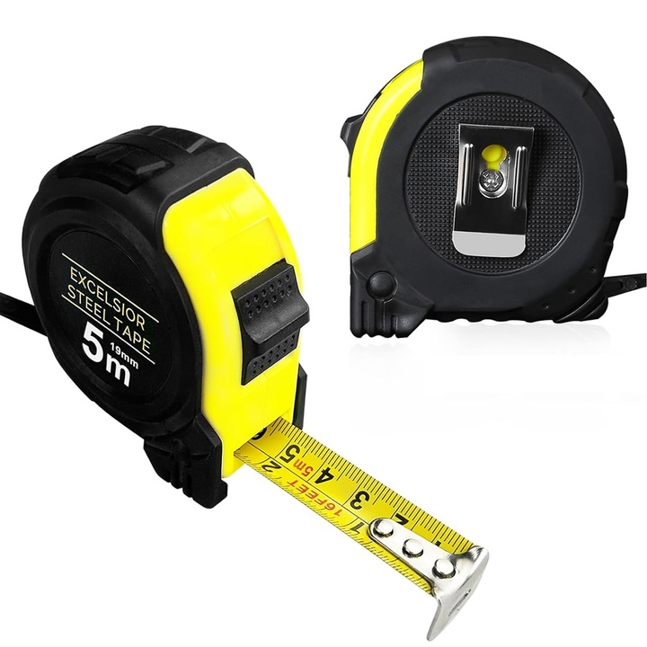 5 méteres fém mérőszalag 19 mm-es szalagszélességgel, Axroad Mall, Leesésgátló, Tartós, Pontos mérés, Metrikus és angolszász mértékegységek, Hordozható, Biztonságos zár, Sokféle háztartási mérési feladathoz, Acél, 5m x 19mm