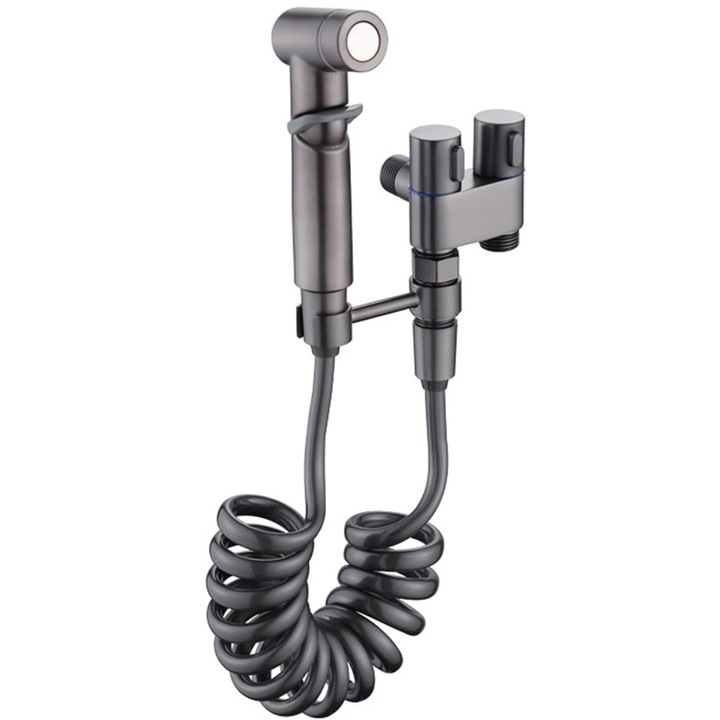 Higiénikus zuhany beépített csapteleppel, bidé csaptelep és WC, fekete, egybejáratú, hideg vizes, szürke