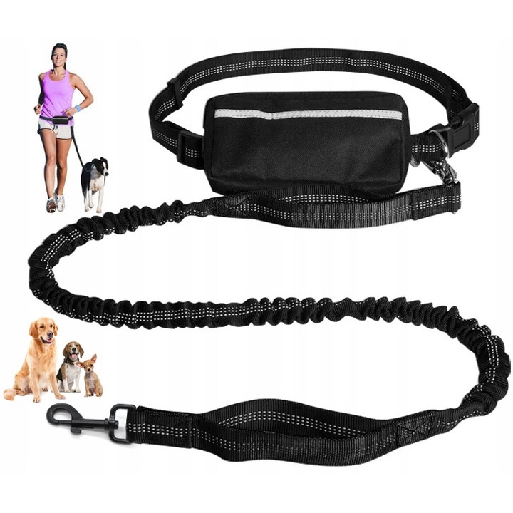 Sportos övtáska és póráz szett, Reverse, rugalmas, 140-170cm, 25mm, fekete