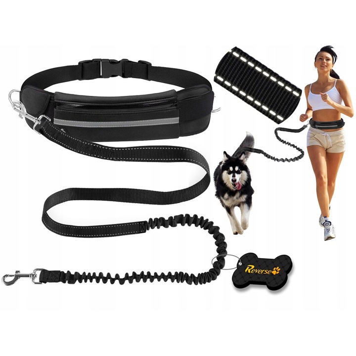 Sport táska szett pórázzal, fordított, lengéscsillapítóval, 150-180cm, 25mm, fekete