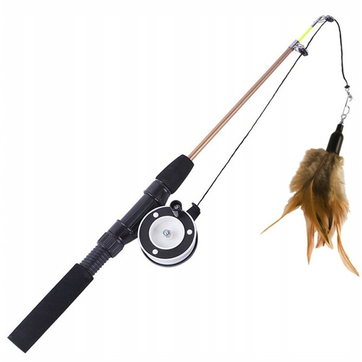 Обратна играчка за котка, въдица с корда, с пера и звънец, многоцветна, 75 см