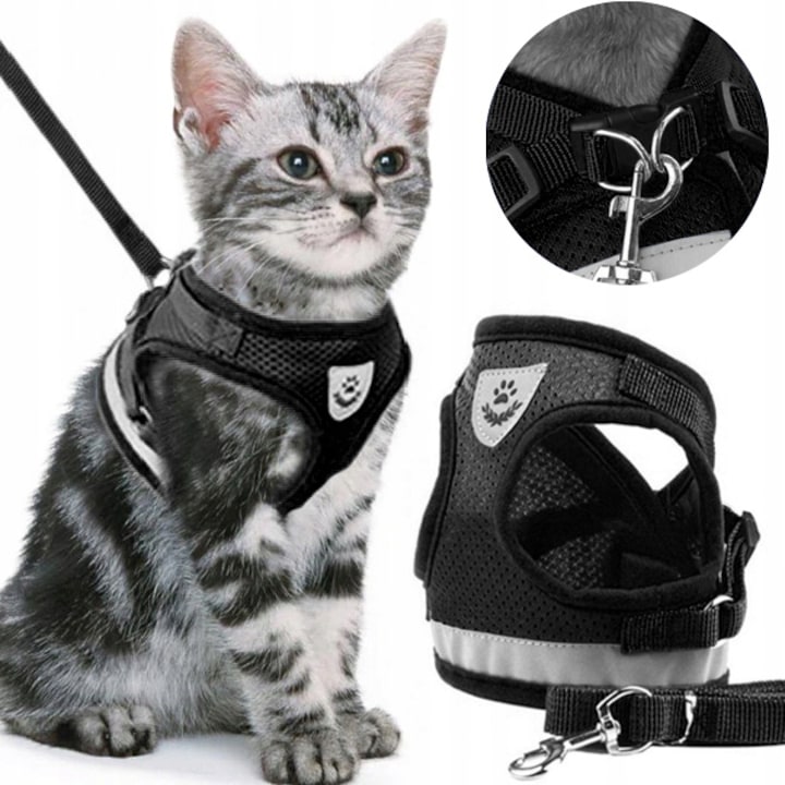 Macskahám, hátramenet, nyomásmentes, állítható, fényvisszaverő, fekete, XL-es méret, 120 cm-es pórázral