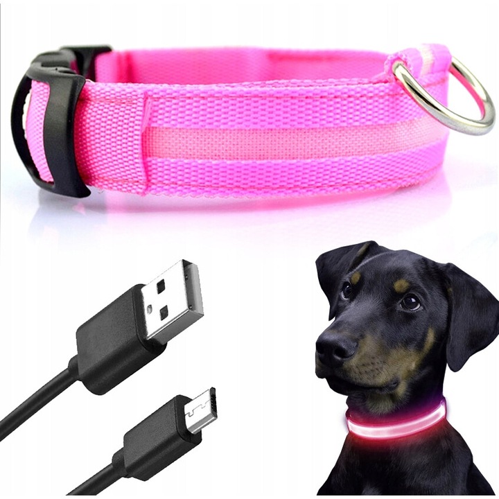 LED nyakörv kutyáknak, Reverse, 40-55cm, USB töltés, 3 világítási mód, rózsaszín