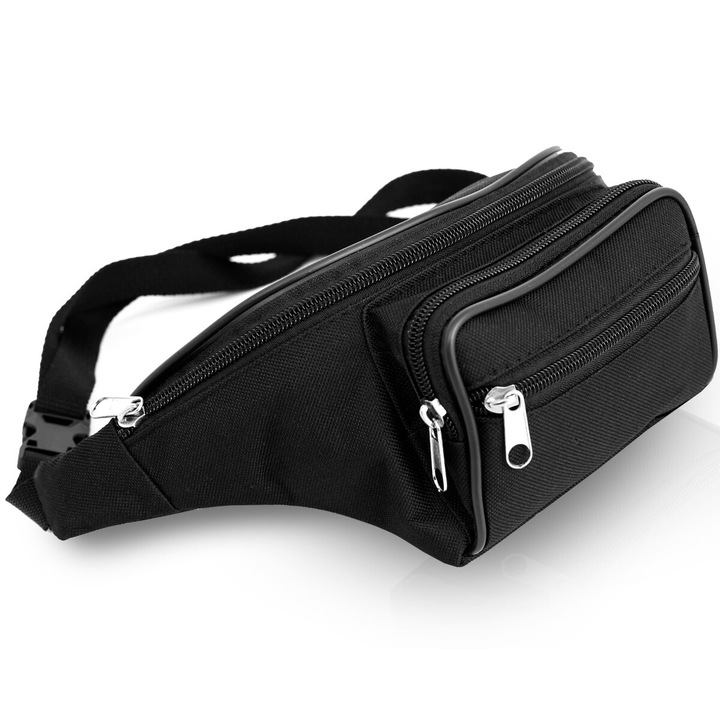 Sporttáska, hátlap, 3 rekeszes, vízálló anyag, 30x12x10cm, fekete