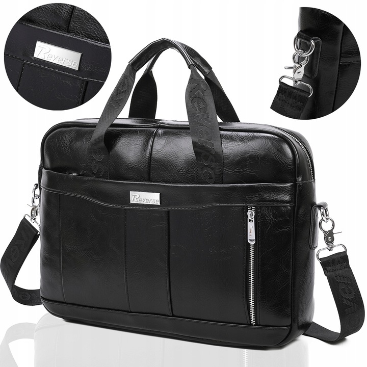 Bőr laptoptáska, Reverse, 40x28x7cm, 9 rekeszes, uniszex, fekete