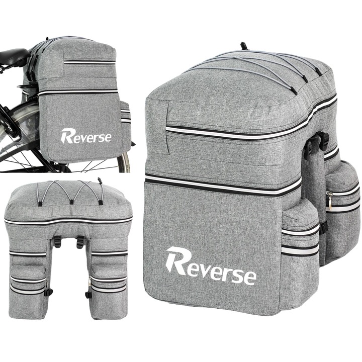 Kerékpáros csomagtartó, Reverse, Cordura/PVC, 3 rekeszes, 60L űrtartalom, Vízálló, Szürke