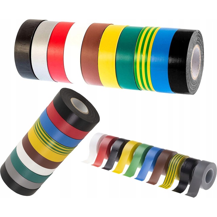 Set de 10 benzi izolatoare PVC, multicolor, 18mm x 10m, rezistente la apa, pentru instalatii electrice