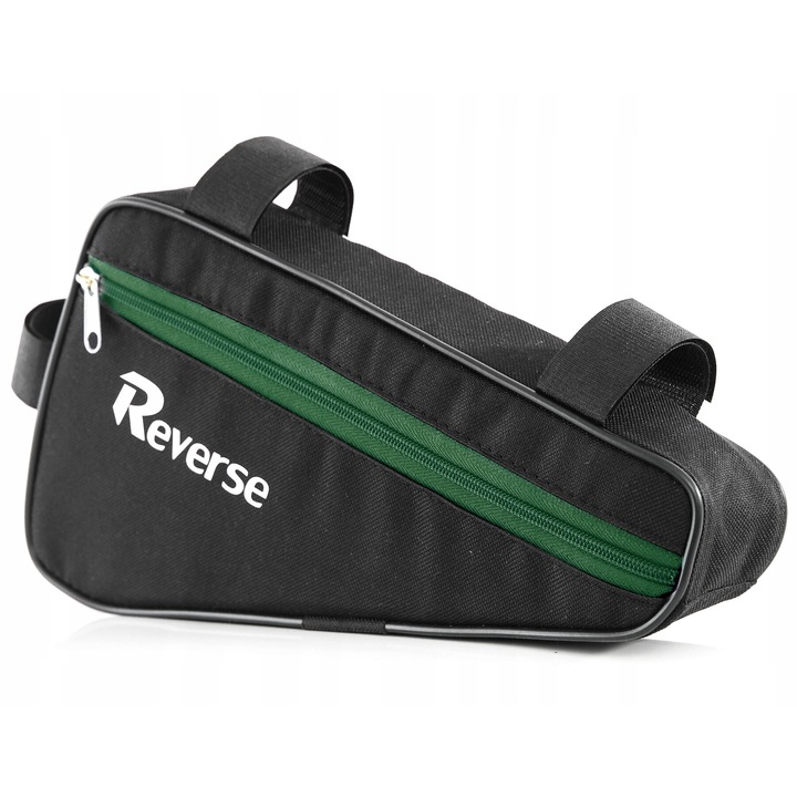 Geanta bicicleta REVERSE, waterproof, 28x16x6cm, negru cu fermoar verde inchis