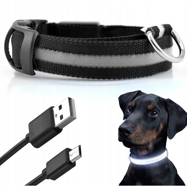 LED nyakörv kutyáknak, Reverse, 40-55cm, USB töltés, 3 világítási mód, fekete