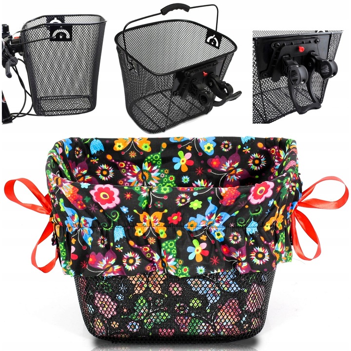 Cos metalic pentru bicicleta + captuseala colorata, Reverse, negru, 33x26x25cm, capacitate maxima 7kg,