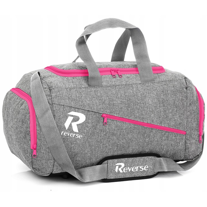 Geanta sportiva Reverse, 53x28x27cm, capacitate 40L, impermeabila, gri cu fermoar roz