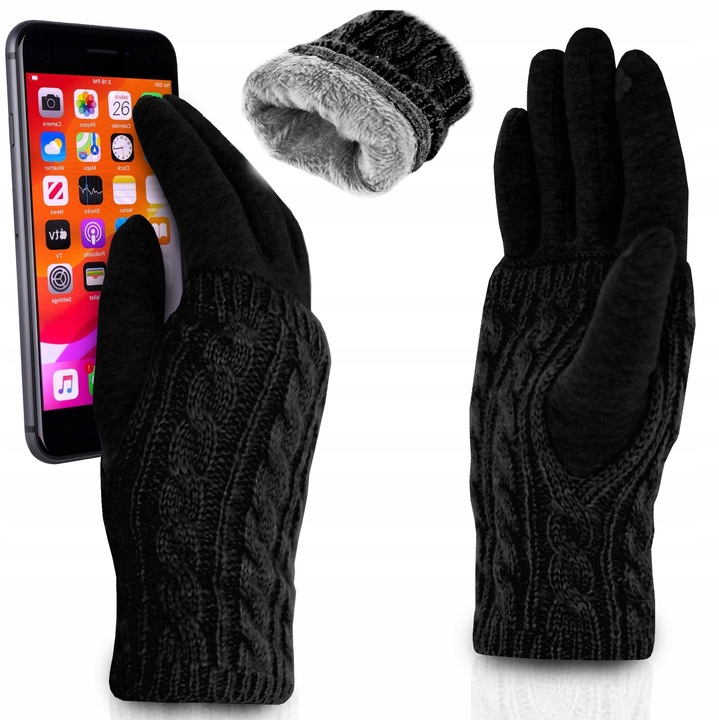 Manusi dama, Reverse, Lana, Calduros, 23 x 9 cm, Negru