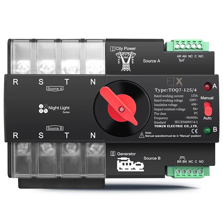 Comutator de transfer automat, trifazat, 125A, 400V, MCB, tip ATS, FusionTechX®