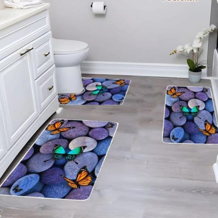 Set covoare baie, 3 piese, polipropilena, 60 x 100 cm, antiderapant, multicolor, Casa de Vis Online, W-03