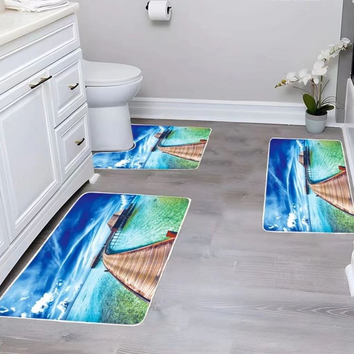 Set covoare baie, 3 piese, polipropilena, 60 x 100 cm, antiderapant, multicolor, Casa de Vis Online, W-08