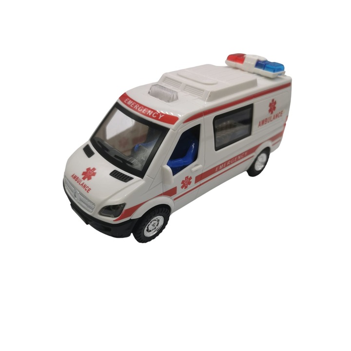 Jucarie Ambulanta cu baterii Vision XXI, 4688B, cu lumini si sunete, motor bump and go, 21cm