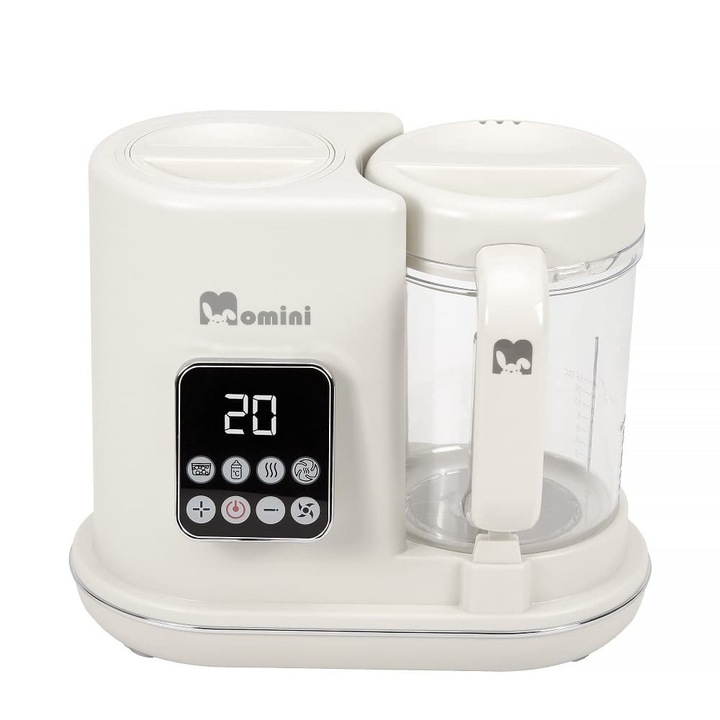 Aparat de gatit la aburi si blender 7in1 pentru bebelusi Momini, MINICHEF, gateste la aburi si paseaza mancarea, sterilizeaza biberoane, functie dezghetare, functie Keep Warm, ecran digital LCD, blocare acces copii, alb