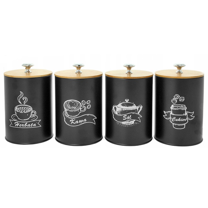 Set 4 recipiente negre pentru ceai, zahar, cafea si sare BR 2742 Brunbeste