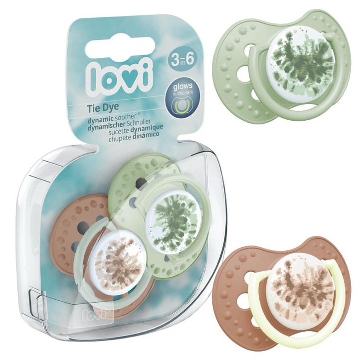 Set Suzete Din Silicon Dinamic, 2 Buc + Capsula Pentru Depozitare Igienica, Lovi, 22/918Girl, Varsta Copilului 3-6 Luni, Model Tie Dye Green, Sticla, Antialergic Si Delicat Cu Pielea, Multicolor, 2 Buc