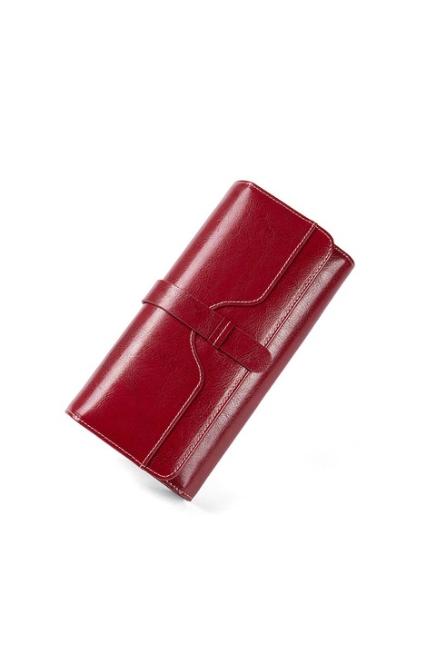 Portofel de Dama Premium, cu Locuri de Carduri, Sertar de Bani si de Monezi, Aspect de Poseta, Piele Naturala, PriStyle, 19x10x6cm, Carmin