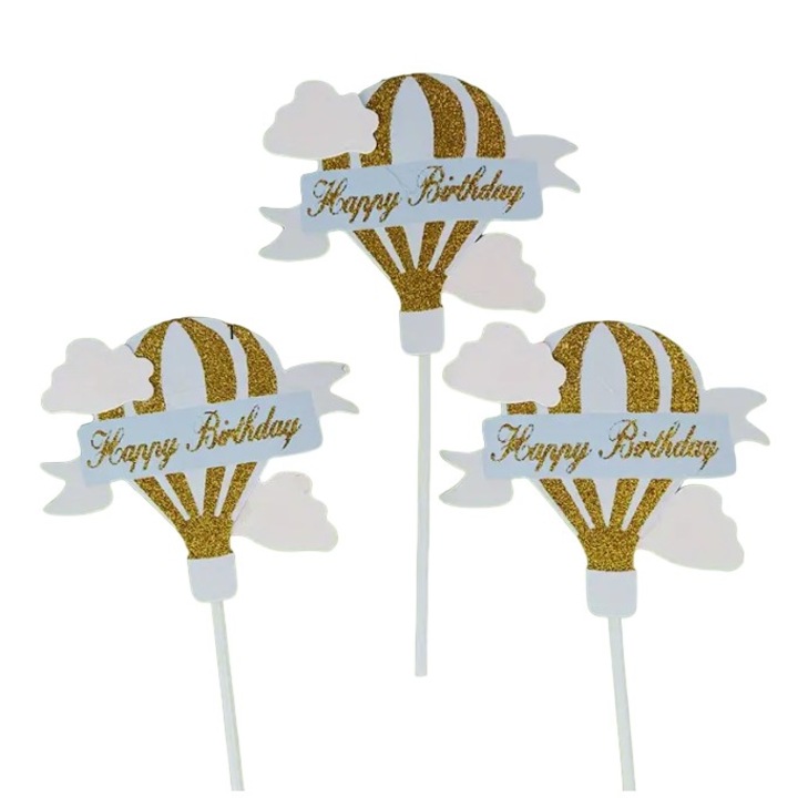 Комплект от 3 топера за торта, Cyrax, шарка с балон с горещ въздух "Честит рожден ден", тема за годишнина, син