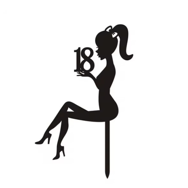 Decoratiune Topper pentru Tort, toolsy, Model Fata 18 Ani, Dimensiuni 16x11.5 cm, Tematica Majorat, Negru