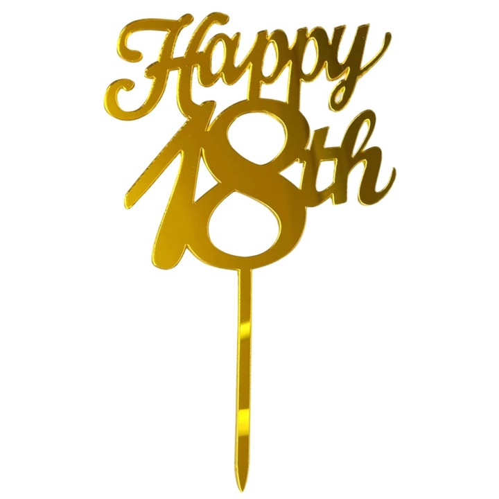 Decoratiune Topper pentru Tort Toolsy Happy18th, Auriu, 10cm, Tematica Majorat