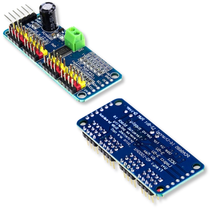 Servocontroler PCA9685 cu 16 canale, 12-bit PWM, I2C, tensiune 3-5V, frecventa pana la 1000Hz, control servomotoare, motoare si LED-uri, rezolutie 12 biti, compatibil 3.3V si 5V, protectie impotriva polaritatii inverse, dimensiuni 63x26mm