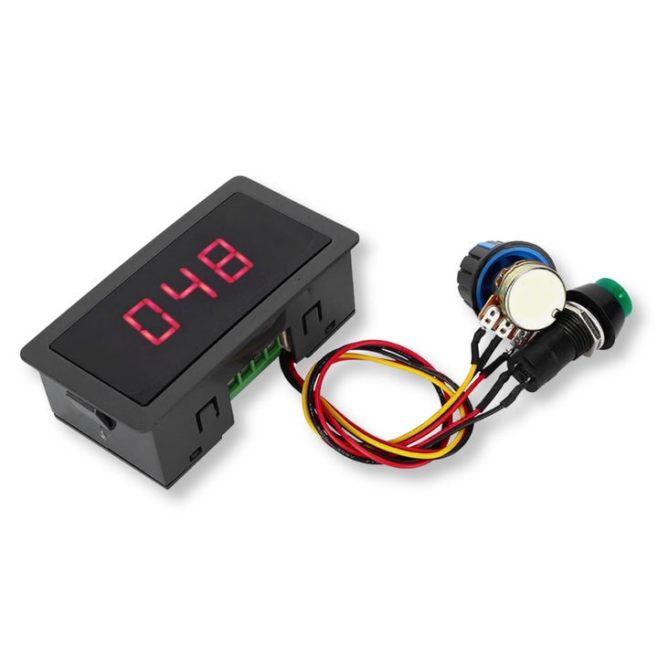 Controler de viteza motor PWM 6-30V DC 8A CCM5D, afisaj LED, 120W, curent maxim 8A, frecventa PWM 16 kHz, control 0-100%, potentiometru 100K Ohm, comutator pornire-oprire, 78x43x27mm, ideal pentru automatizare si iluminat