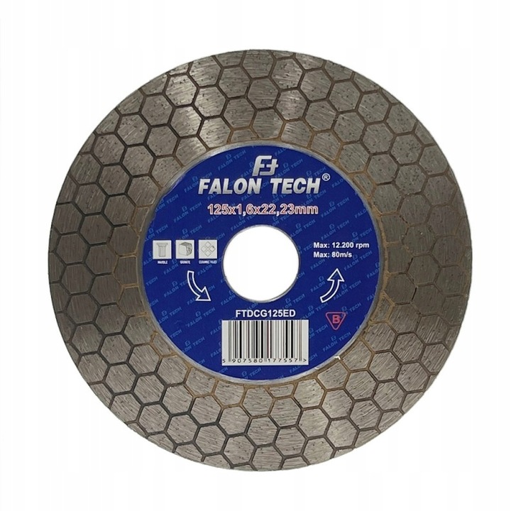 Диамантен диск за плочки, Falon Tech, 125 x 22 mm, 80 m/s, 12 200 rpm, Silver