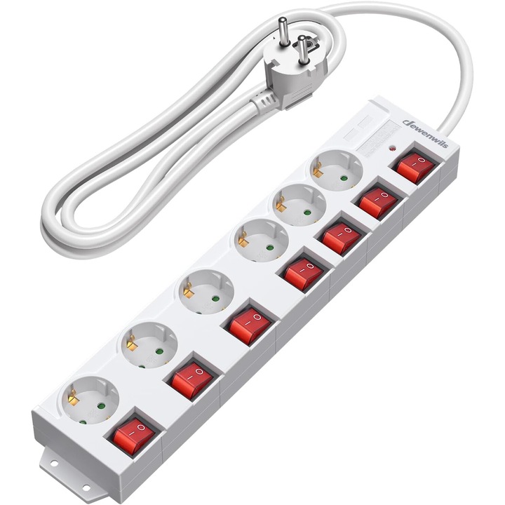 Удължителен кабел DEWENWILS с индивидуални превключваеми гнезда, удължителен кабел с 6 гнезда и превключвател, защита от претоварване, заключване за деца, завъртян на 90°, 2 м, бял