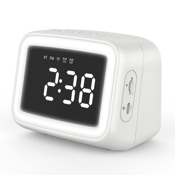 Boxa portabila Bluetooth, Mini LED HD Mirror, Suport card TF de GB, Ceas cu alarma dubla, Temperatura in timp real, Apeluri hands free, Alb