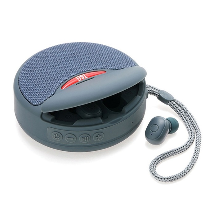 Boxa portabila Bluetooth, difuzor wireless 2 in 1 si casti, sunet stereo, apeluri hands free, gri